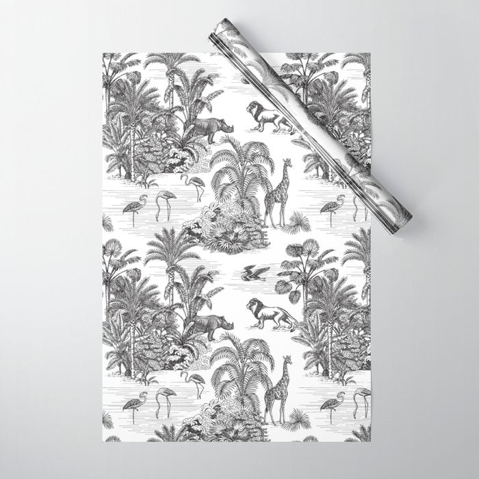 Tropical Toile de Jouy Exotic Safari Lion & Giraffe Wrapping Paper Gallery Image 1