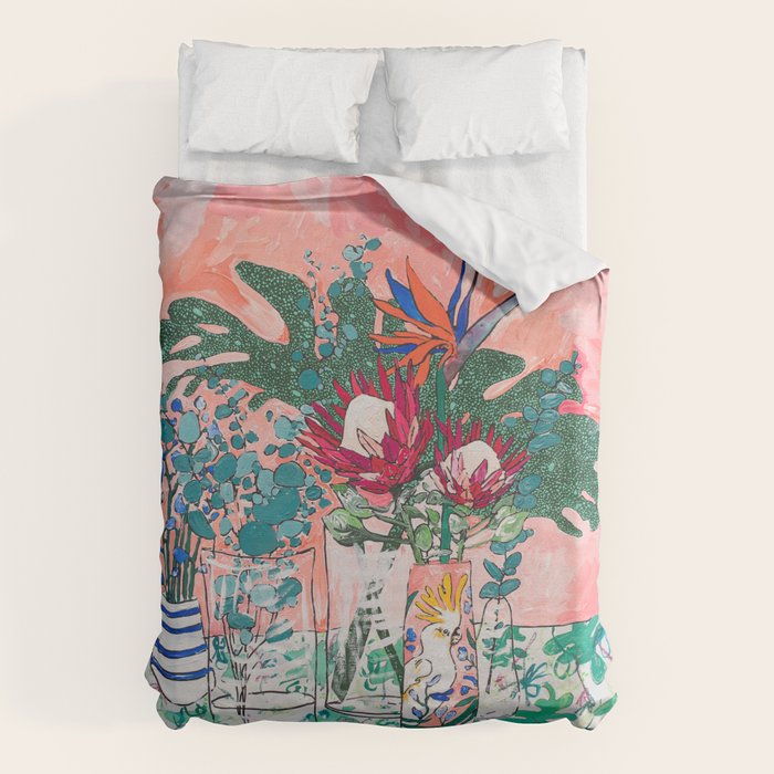 Cockatoo Vase - Bouquet of Flowers on Coral and Jungle Duvet Cover Gallery Image 1
