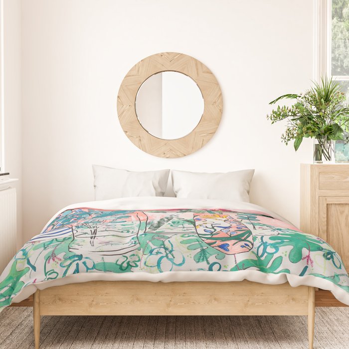 Cockatoo Vase - Bouquet of Flowers on Coral and Jungle Duvet Cover Gallery Image 3