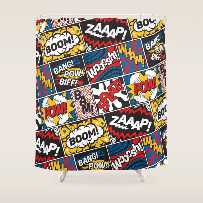 Modern Comic Book Superhero Pattern Color Colour Cartoon Lichtenstein Pop Art Shower Curtain Gallery Image 1