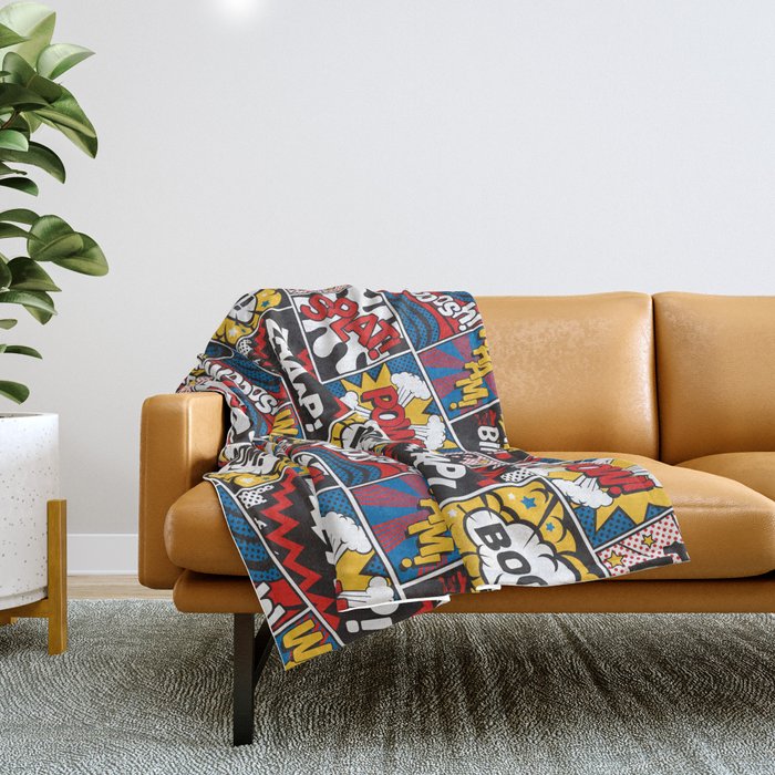 Modern Comic Book Superhero Pattern Color Colour Cartoon Lichtenstein Pop Art Throw Blanket Gallery Image 1