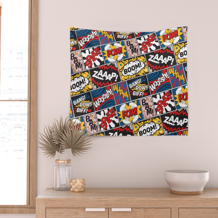 Modern Comic Book Superhero Pattern Color Colour Cartoon Lichtenstein Pop Art Wall Tapestry Gallery Image 2