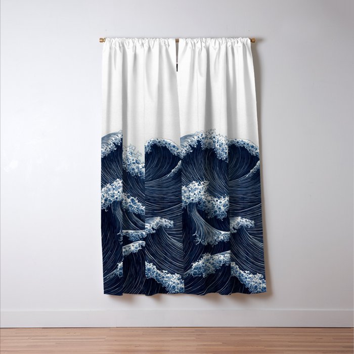Japanese Wall Art Wave Poster Ocean Wall Art Minimalist Print Blue Japandi Art Wabi Sabi Painting Window Curtain Gallery Image 3