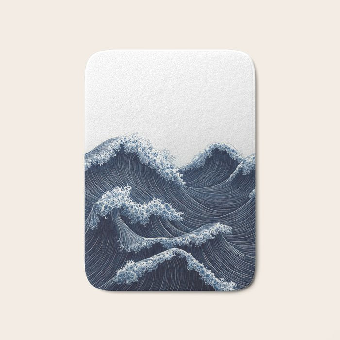 Japanese Wall Art Wave Poster Ocean Wall Art Minimalist Print Blue Japandi Art Wabi Sabi Painting Bath Mat Gallery Image 1