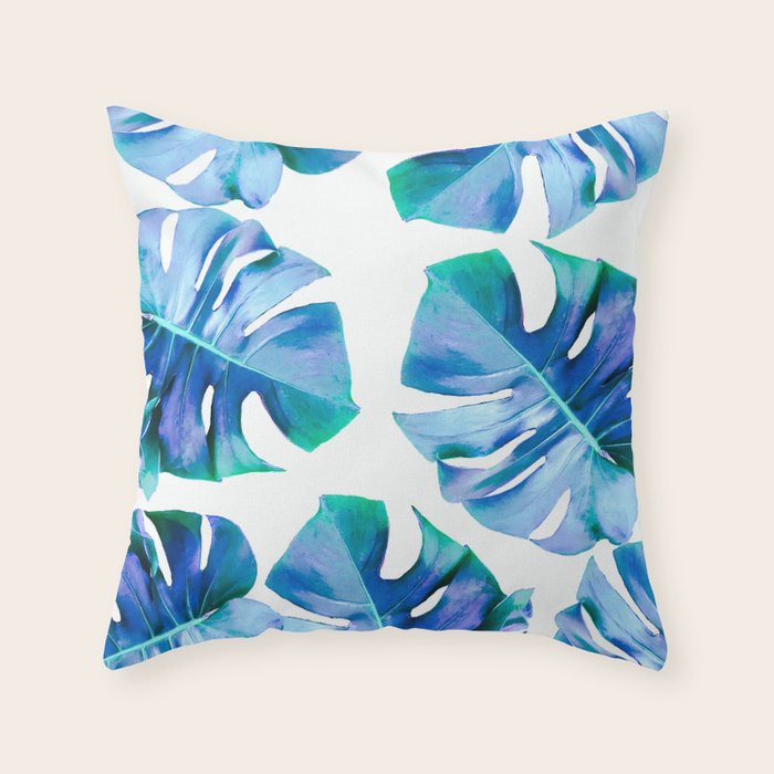 Monstera exotica - azure Throw Pillow Gallery Image 1