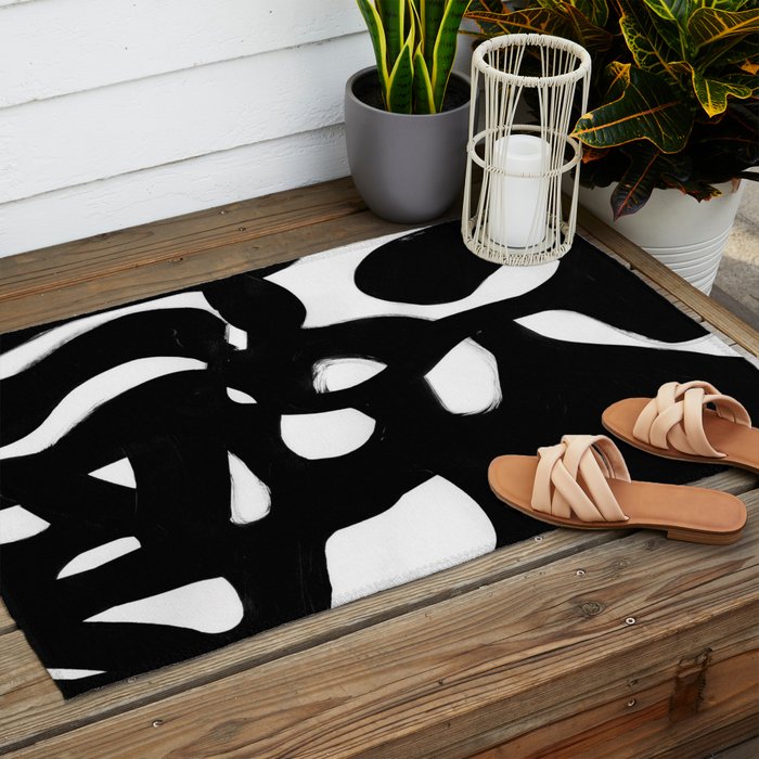 Maze Black & White Minimalist Abstract Mid century Ink Art Dark Brush Strokes Outdoor Rug Gallery Image 2
