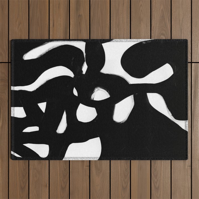 Maze Black & White Minimalist Abstract Mid century Ink Art Dark Brush Strokes Outdoor Rug Gallery Image 1