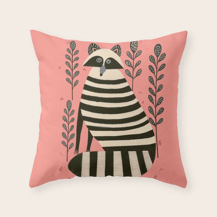 Pink Forest Raccoon Throw Pillow Gallery Image 1