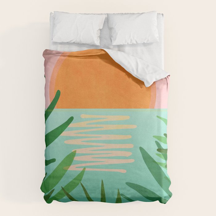 Tropical Views - Pink and Green Landscape Illustration Duvet Cover Gallery Image 6