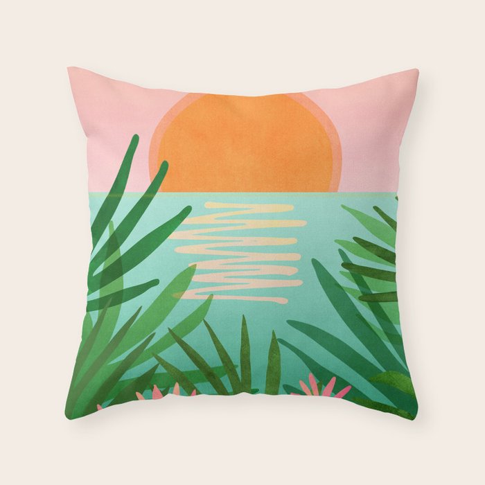 Tropical Views - Pink and Green Landscape Illustration Throw Pillow Gallery Image 6