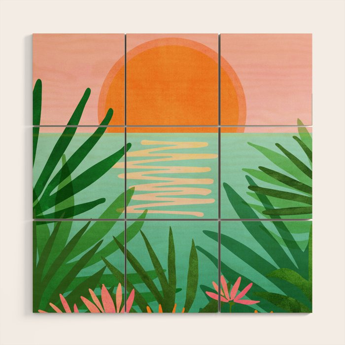 Tropical Views - Pink and Green Landscape Illustration Wood Wall Art Gallery Image 1