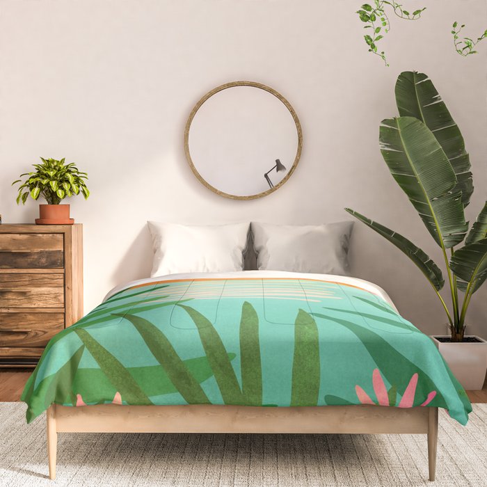 Tropical Views - Pink and Green Landscape Illustration Comforter Gallery Image 3