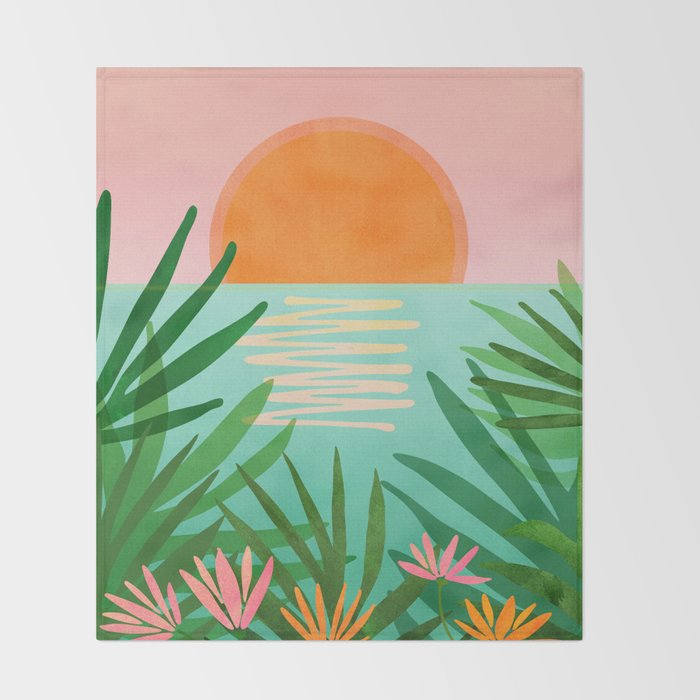 Tropical Views - Pink and Green Landscape Illustration Throw Blanket Gallery Image 2