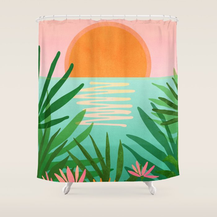 Tropical Views - Pink and Green Landscape Illustration Shower Curtain Gallery Image 1