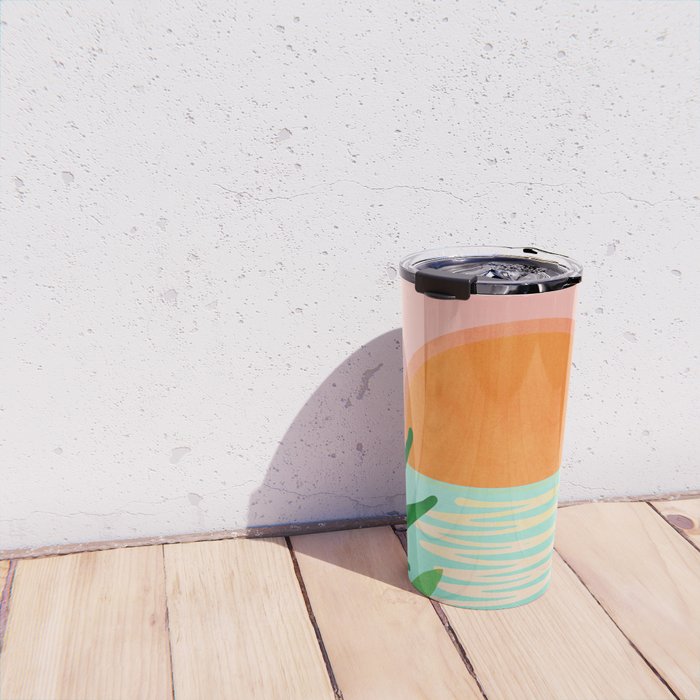 Tropical Views - Pink and Green Landscape Illustration Travel Mug Gallery Image 4