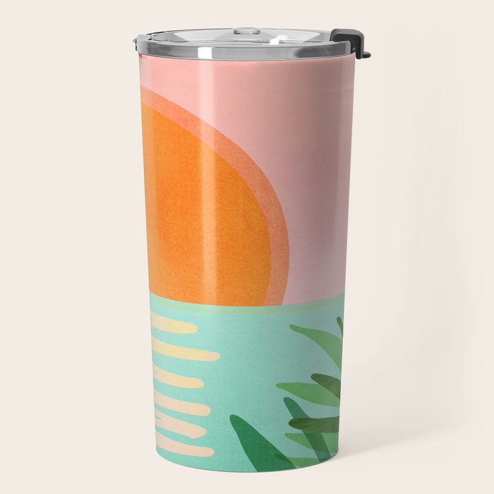 Tropical Views - Pink and Green Landscape Illustration Travel Mug Gallery Image 2