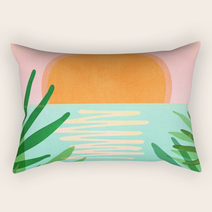Tropical Views - Pink and Green Landscape Illustration Rectangular Pillow Gallery Image 1