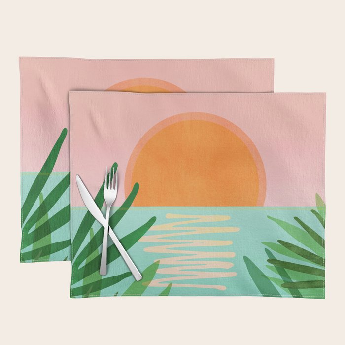 Tropical Views - Pink and Green Landscape Illustration Placemat Gallery Image 1