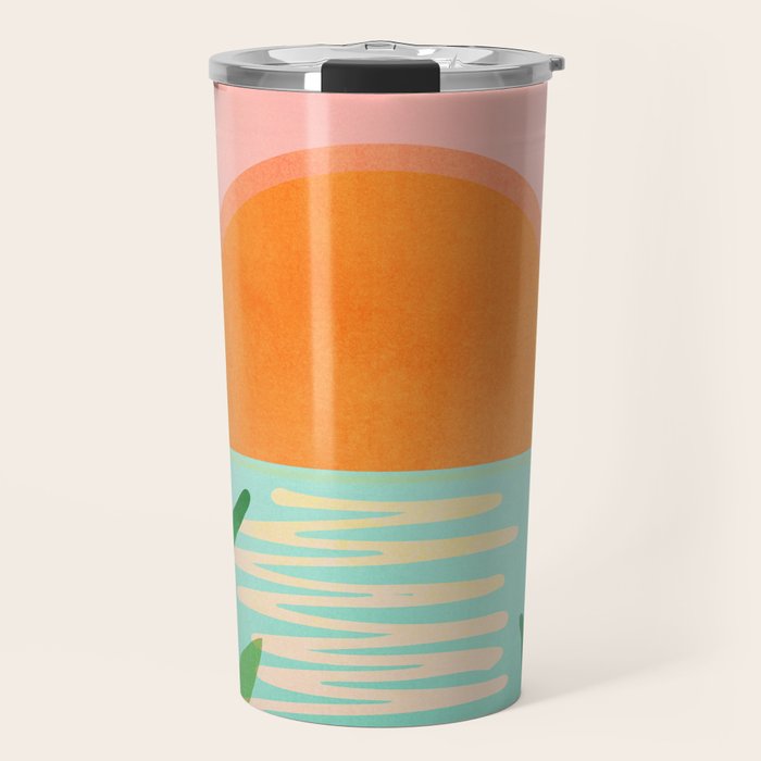 Tropical Views - Pink and Green Landscape Illustration Travel Mug Gallery Image 1