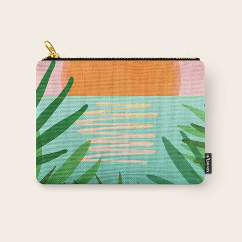 Tropical Views - Pink And Green Landscape Illustration Carry All Pouch
