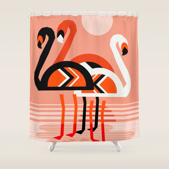 Posse - flamingo throwback nostalgia retro neon art print hipster trendy style minimal abstract geo Shower Curtain Gallery Image 1