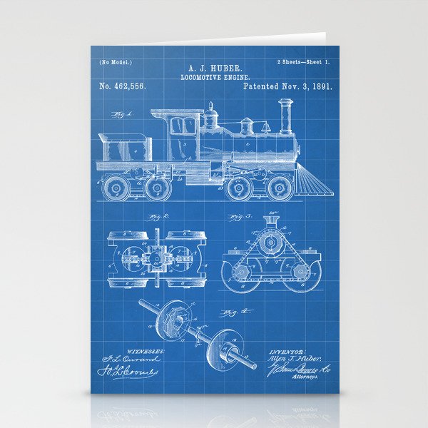 Train Locomotive Patent - Steam Train Art - Blueprint Stationery Card Gallery Image 1