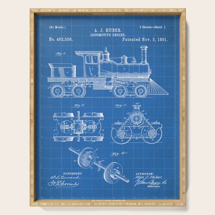 Train Locomotive Patent - Steam Train Art - Blueprint Serving Tray Gallery Image 1