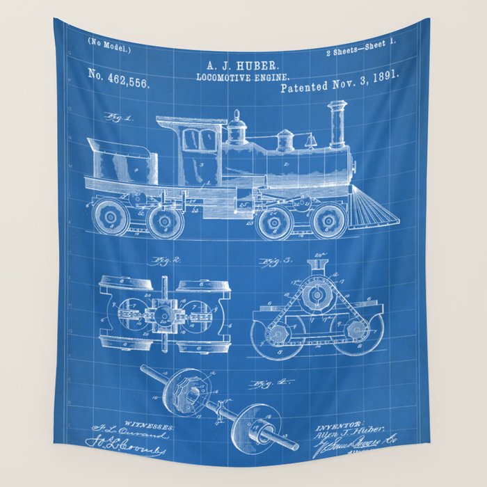 Train Locomotive Patent - Steam Train Art - Blueprint Wall Tapestry Gallery Image 1
