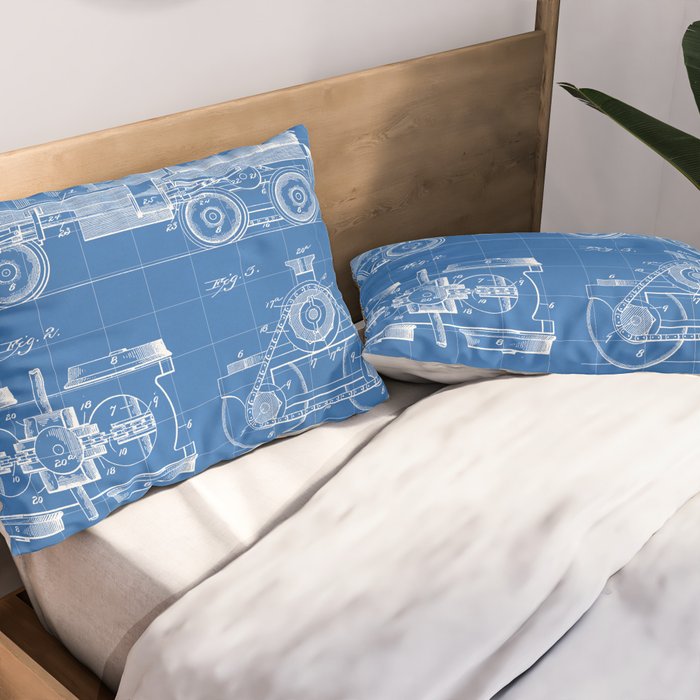 Train Locomotive Patent - Steam Train Art - Blueprint Pillow Sham Gallery Image 2