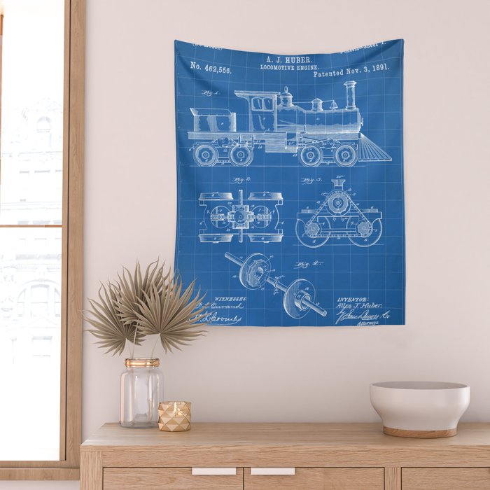 Train Locomotive Patent - Steam Train Art - Blueprint Wall Tapestry Gallery Image 2