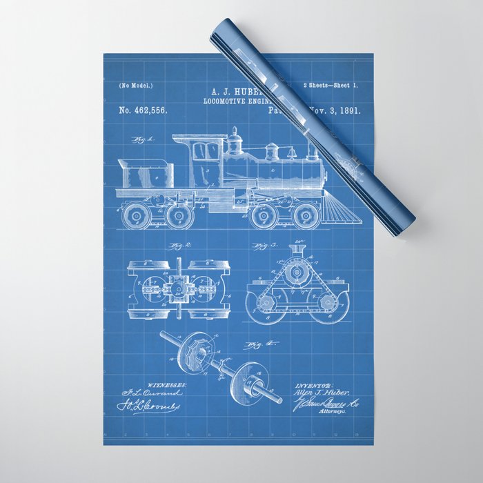 Train Locomotive Patent - Steam Train Art - Blueprint Wrapping Paper Gallery Image 1