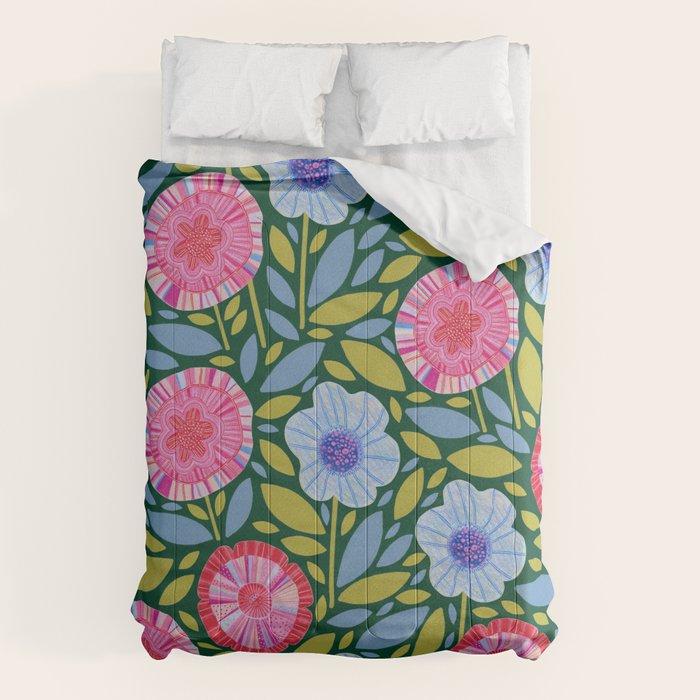 Folk Floral Blossoms in Forest Green Comforter Gallery Image 1