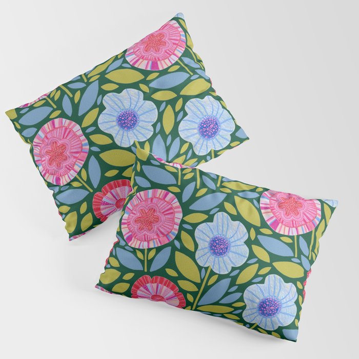 Folk Floral Blossoms in Forest Green Pillow Sham Gallery Image 3