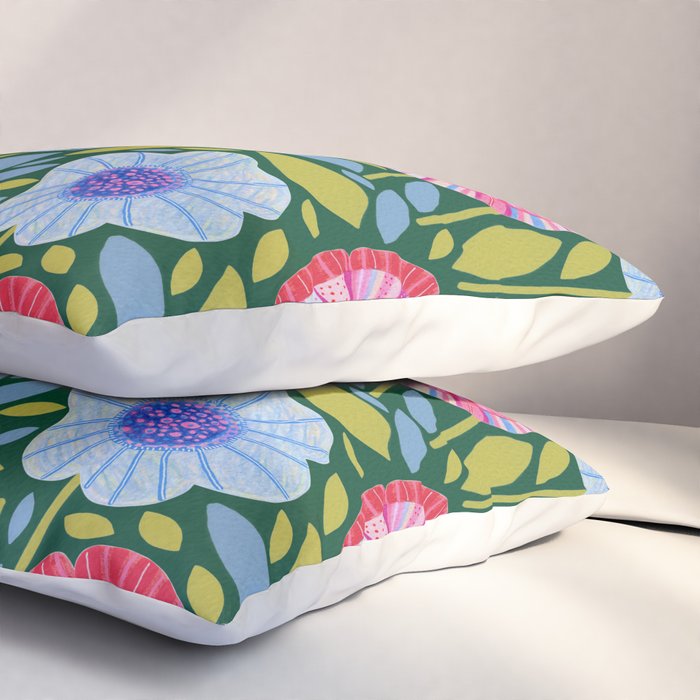 Folk Floral Blossoms in Forest Green Pillow Sham Gallery Image 3