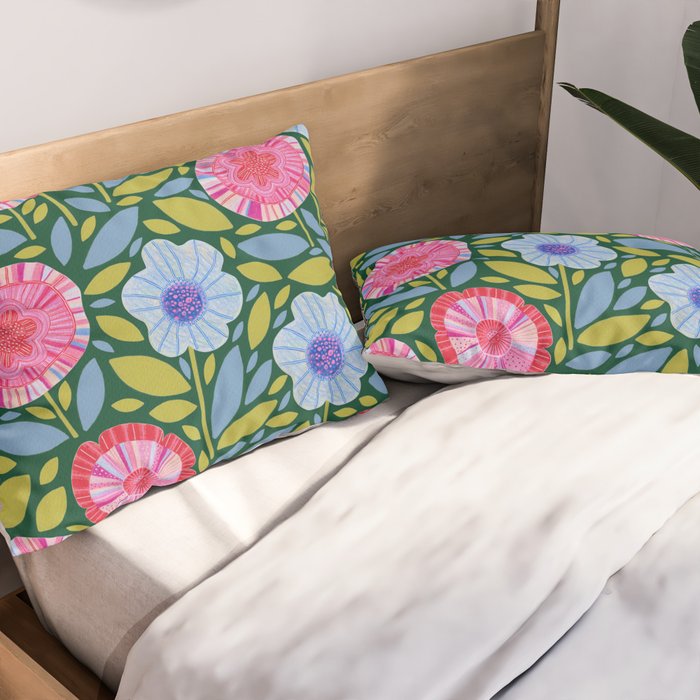 Folk Floral Blossoms in Forest Green Pillow Sham Gallery Image 2