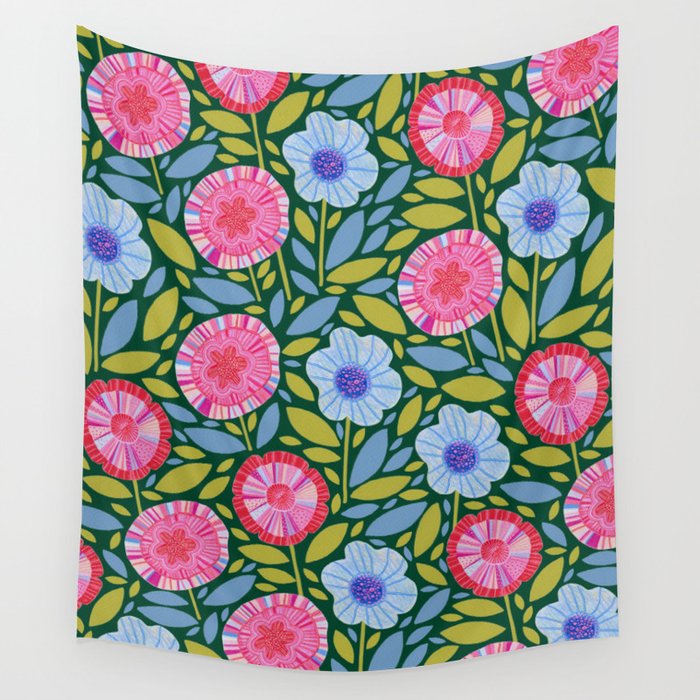 Folk Floral Blossoms in Forest Green Wall Tapestry Gallery Image 1