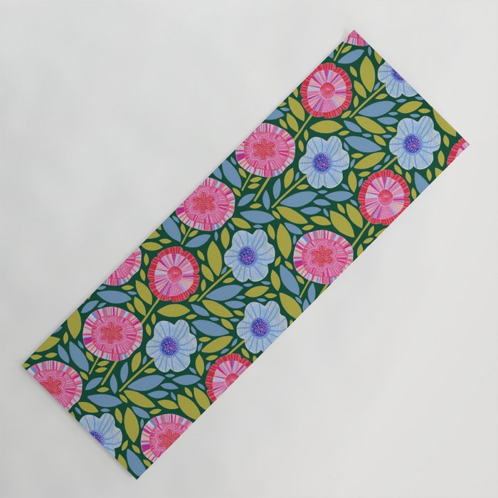 Folk Floral Blossoms in Forest Green Yoga Mat Gallery Image 1