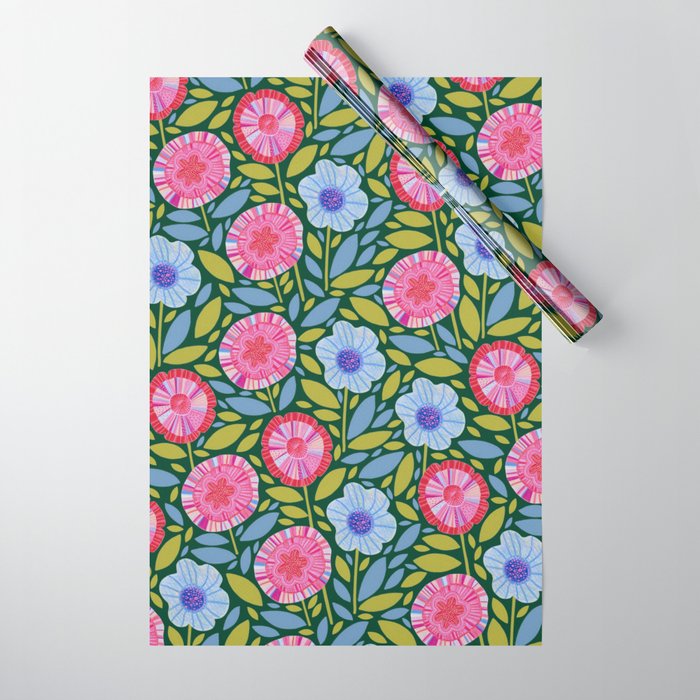 Folk Floral Blossoms in Forest Green Wrapping Paper Gallery Image 1
