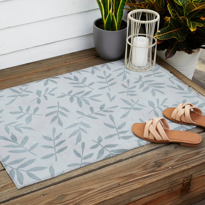 Simple Scandinavia Ditsy Leaf Pattern Grey Blue Outdoor Rug Gallery Image 2