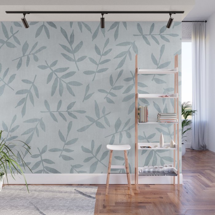 Simple Scandinavia Ditsy Leaf Pattern Grey Blue Wall Mural Gallery Image 1