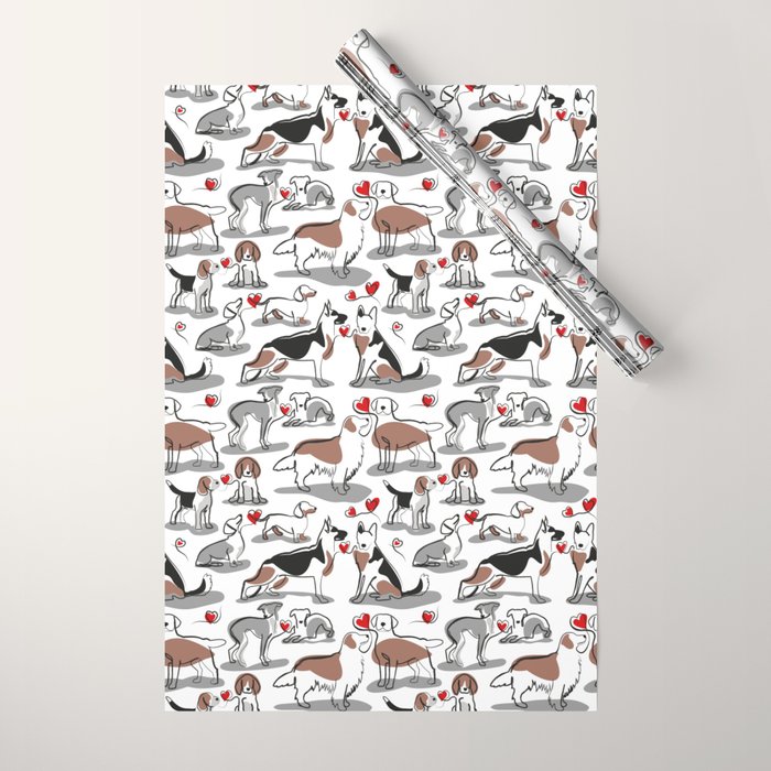 Woof endless love // white background red hearts continuous lined pair of dog breeds Wrapping Paper Gallery Image 1