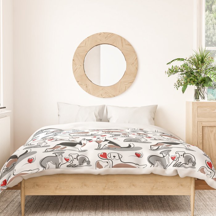 Woof endless love // white background red hearts continuous lined pair of dog breeds Duvet Cover Gallery Image 3
