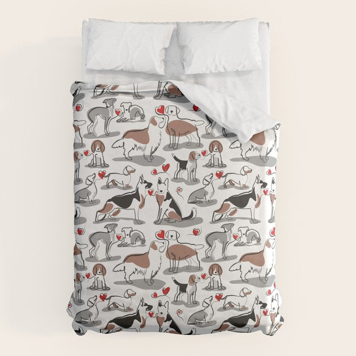 Woof endless love // white background red hearts continuous lined pair of dog breeds Duvet Cover Gallery Image 6