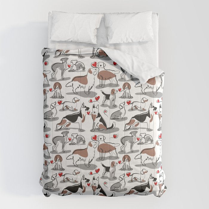 Woof endless love // white background red hearts continuous lined pair of dog breeds Comforter Gallery Image 1