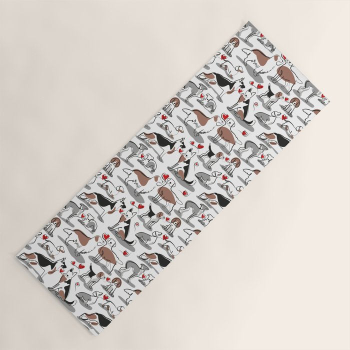 Woof endless love // white background red hearts continuous lined pair of dog breeds Yoga Mat Gallery Image 1