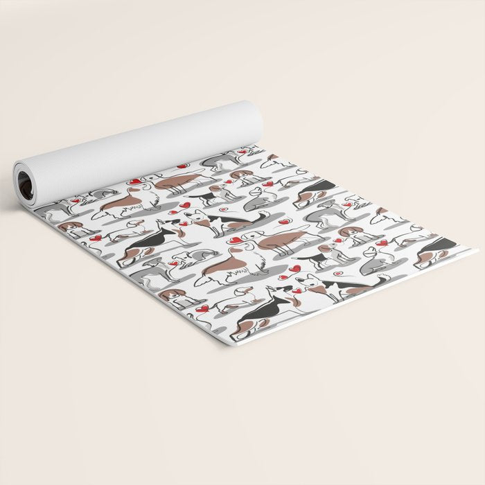 Woof endless love // white background red hearts continuous lined pair of dog breeds Yoga Mat Gallery Image 2