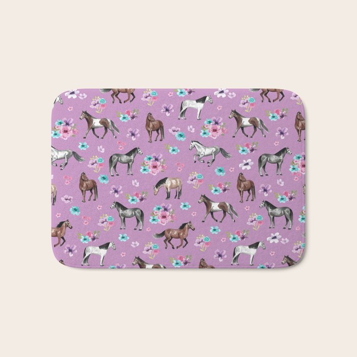 Purple Horse and Flower Print, Hand Drawn, Horse Illustration, Little Girls Decor Bath Mat Gallery Image 1