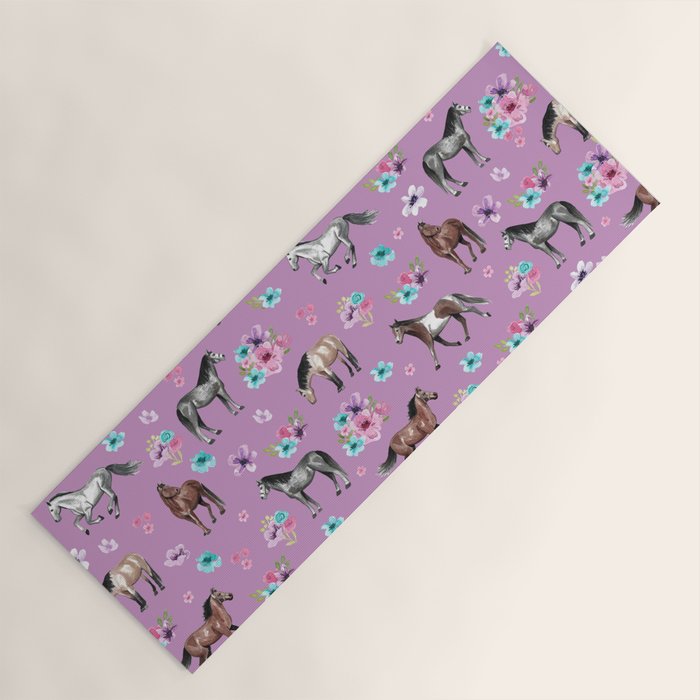 Purple Horse and Flower Print, Hand Drawn, Horse Illustration, Little Girls Decor Yoga Mat Gallery Image 1