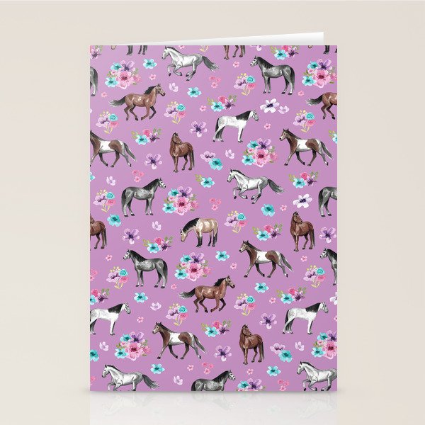 Purple Horse and Flower Print, Hand Drawn, Horse Illustration, Little Girls Decor Stationery Card Gallery Image 1