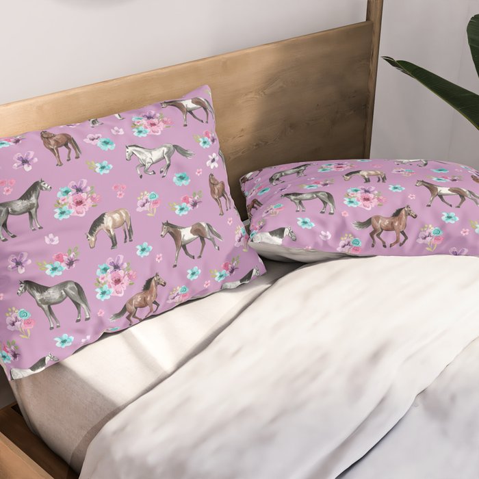 Purple Horse and Flower Print, Hand Drawn, Horse Illustration, Little Girls Decor Pillow Sham Gallery Image 2